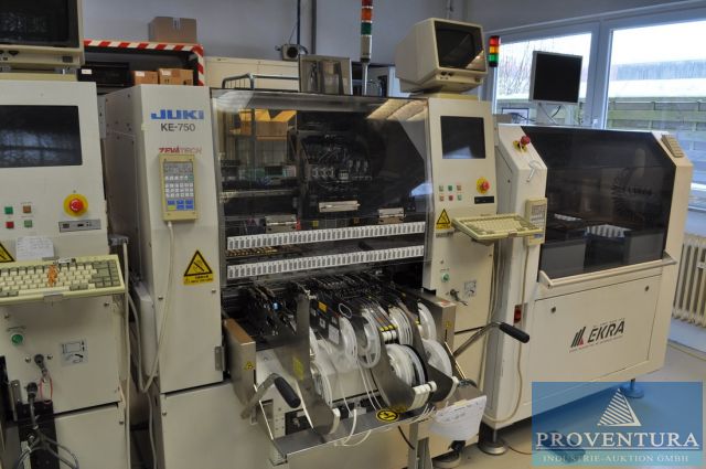 Liquidationsauktion: 3 Maschinen aus Leiterplatten-Produktion, SMD-Bestückungsautomaten JUKI KE-750 u. JUKI KE-2030, DIMA SMCS 1000, über 200 Feeder