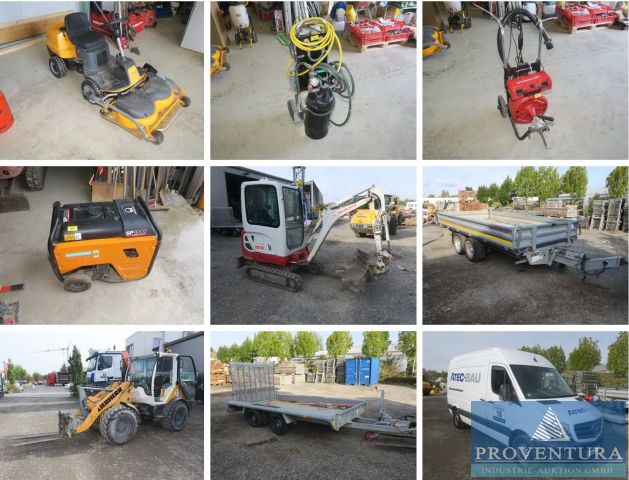 Insolvenz-Auktion Baufirma, 180 Pos.: Frontmäher STIGA Park 220V, Stromerzeuger PRAMAC, Minibagger TAKEUCHI TB216, Radlader LIEBHERR L506C, 3-Seiten-Kipper MOESLEIN, u.v.m.