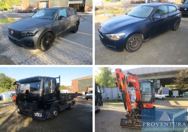 Fahrzeug-Auktion: VW Touareg 3.0 TDI 4motion, EZ. 2019, BMW 1 118d, EZ. 2012, MERCEDES BENZ Atego 821, EZ. 2022, Minibagger KUBOTA U36-4, Bj. 2018,