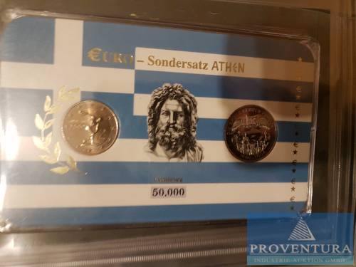 Euro-Sondereditionen u.a. 5 Münzensätze B F LUX I im Album 2x Sondersatz Athen 2 Euro Olympia 2004 Medaille Die Spiele kehren zurück