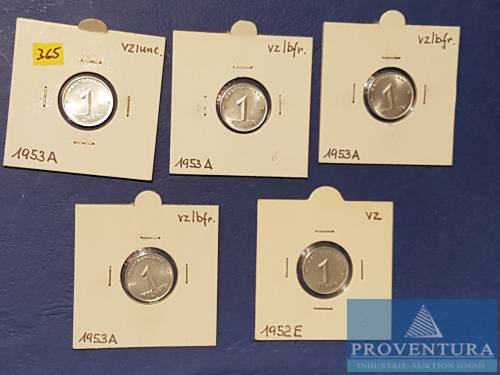 Umlaufmünzen DDR 1 Pfennig 1952-1953A 1x 1952E Zirkel vz-st