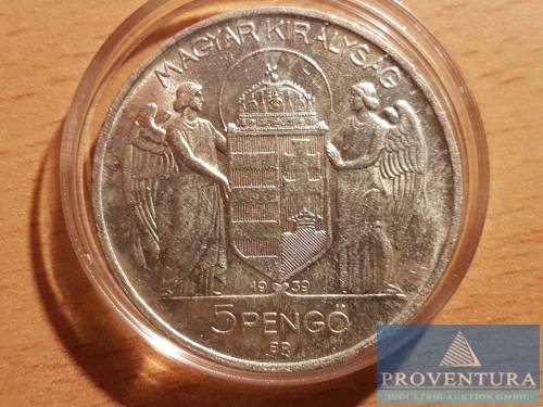 Silbermünze Ungarn 5 Pengö 1939 vz+ 75. Geburtstag Miklos Horthy Silber .640 25 gr Reingewicht KM517 EH1509