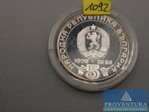 Silbermünze Bulgarien 5 Leva 1979 pp 100 Jahre Kommunikationssystem Silber .500 Rauhgewicht 20.5 gr