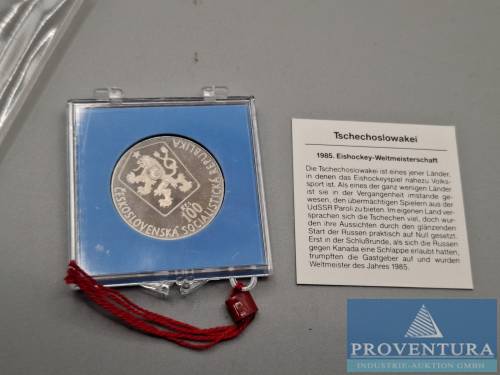 Silbermünze Tschechoslowakei 100 Kronen Eishockey-Weltmeisterschaft 1985 pp Silber .500 Rauhgewicht 9 gr [1]