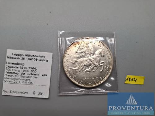 Silbermünze Luxemnburg 100 Frang 1946 vz+ 600. Jahrestag Schlacht von Crecy [1]